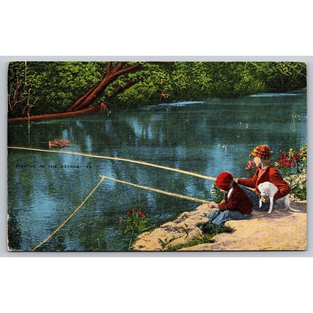 Vintage 1950 Linen Postcard Fishing in the Ozarks MO Springfield Postmark Kropp
